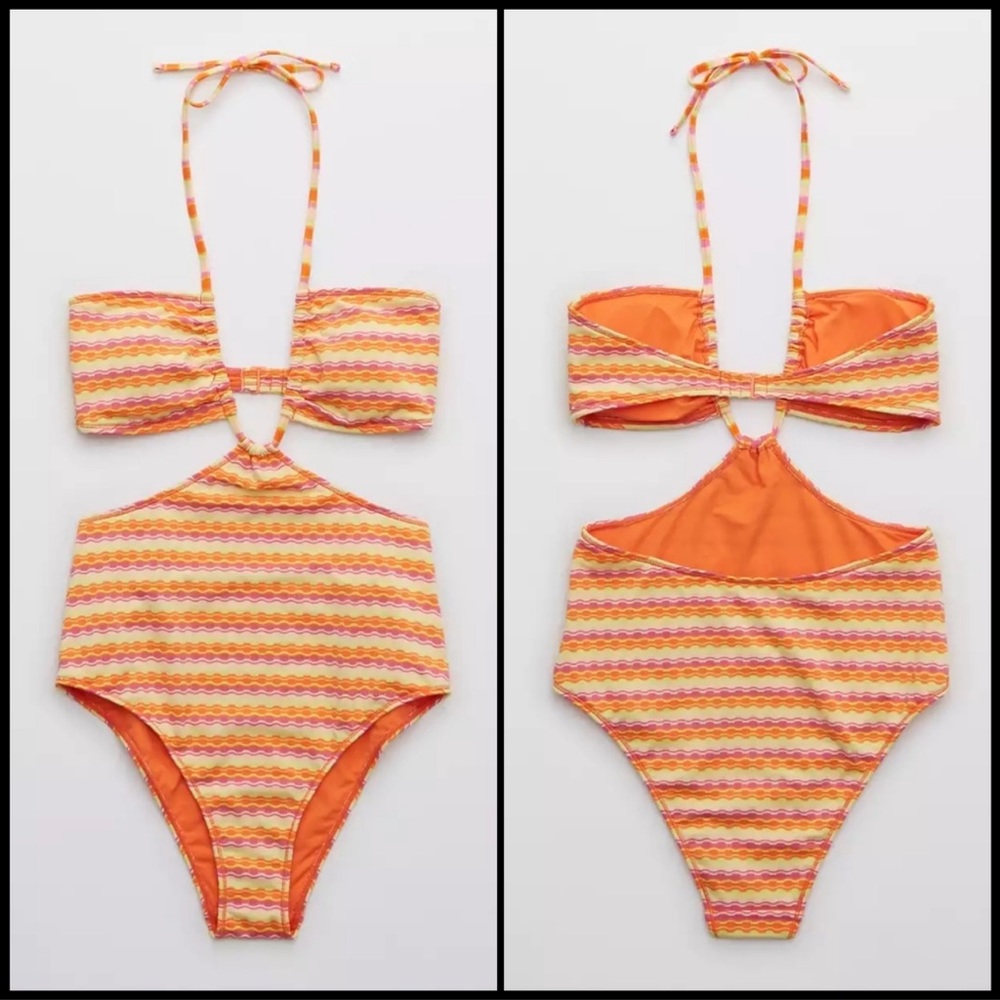 aerie size small one piece orange and yellow halter bathing suit NWOT size XL
